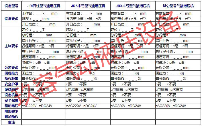 氣液增壓機(jī)選型表格