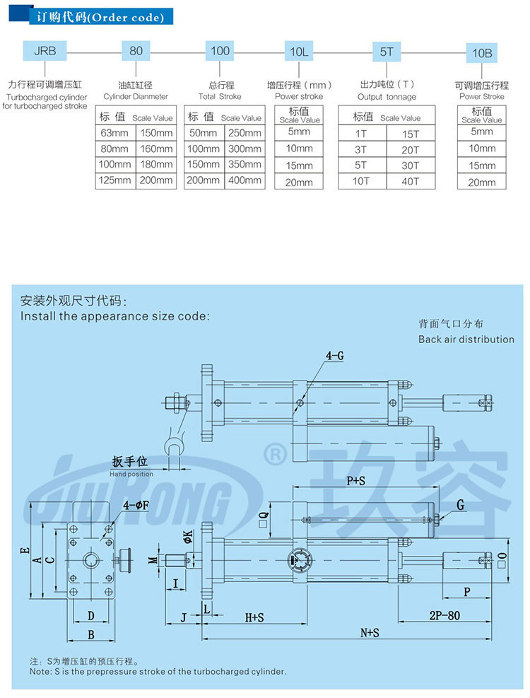 力行程可調(diào)氣液增壓缸訂購代碼及安裝尺寸說明