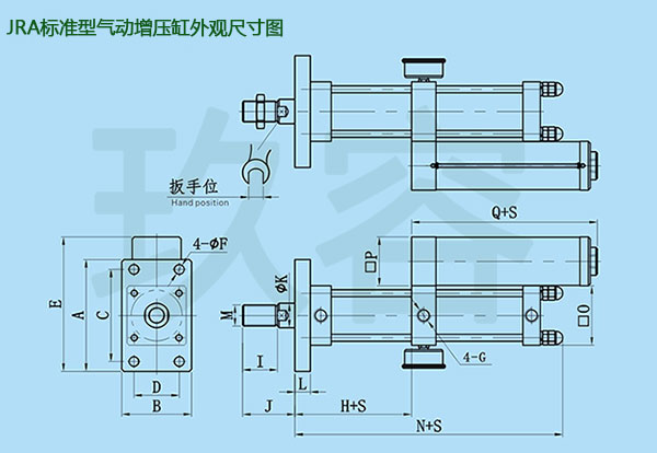 JRA標(biāo)準(zhǔn)型氣動增壓缸外觀尺寸圖