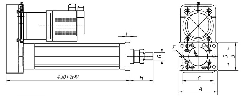 并聯(lián)式伺服電動(dòng)缸安裝外觀尺寸圖